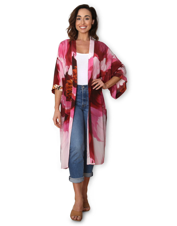 Big Bloom Theory - Long 100% Natural Silk Kimono Autumn